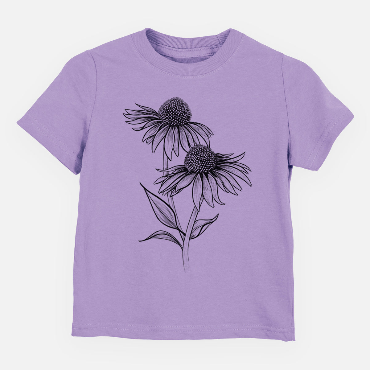 Lavender toddler t-shirt laid flat, printed with a black ink line drawing of two coneflowers on tall stems.