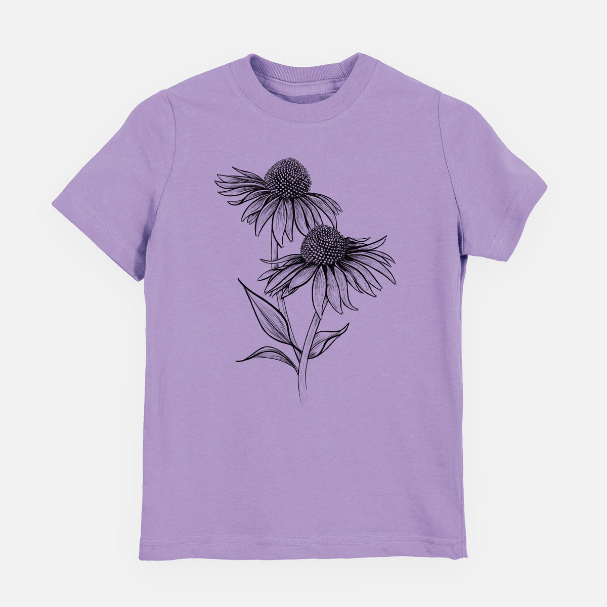 Lavender youth t-shirt laid flat, printed with a black ink line drawing of two coneflowers on tall stems.