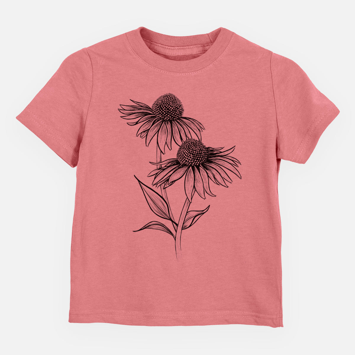 Mauve pink toddler t-shirt laid flat, printed with a black ink line drawing of two coneflowers on tall stems.