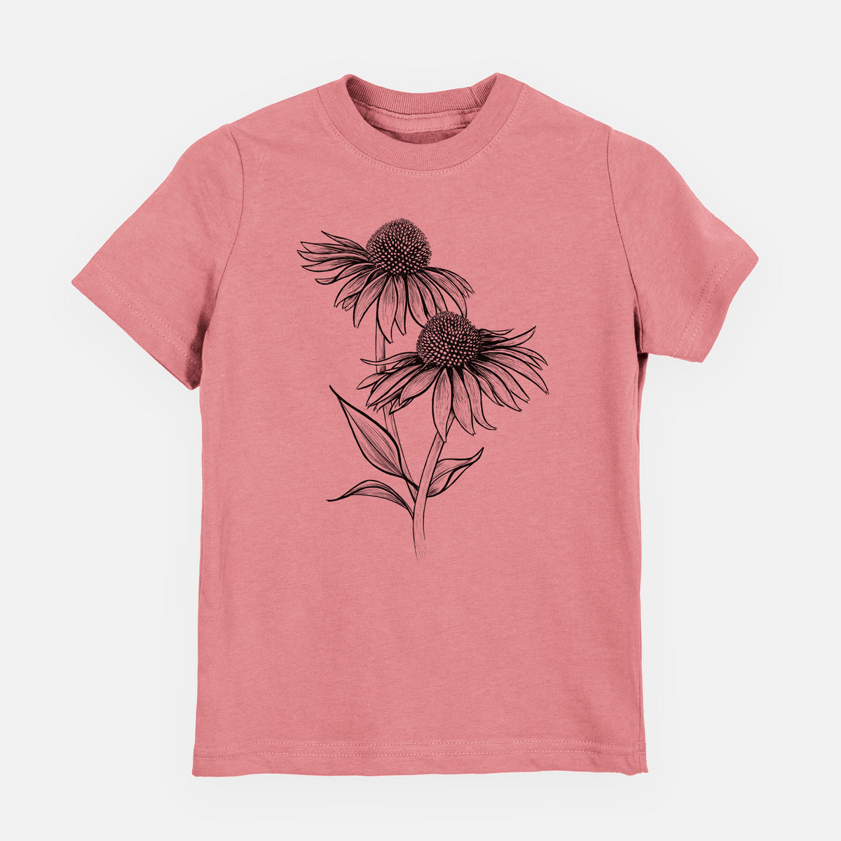 Mauve pink youth t-shirt laid flat, printed with a black ink line drawing of two coneflowers on tall stems.