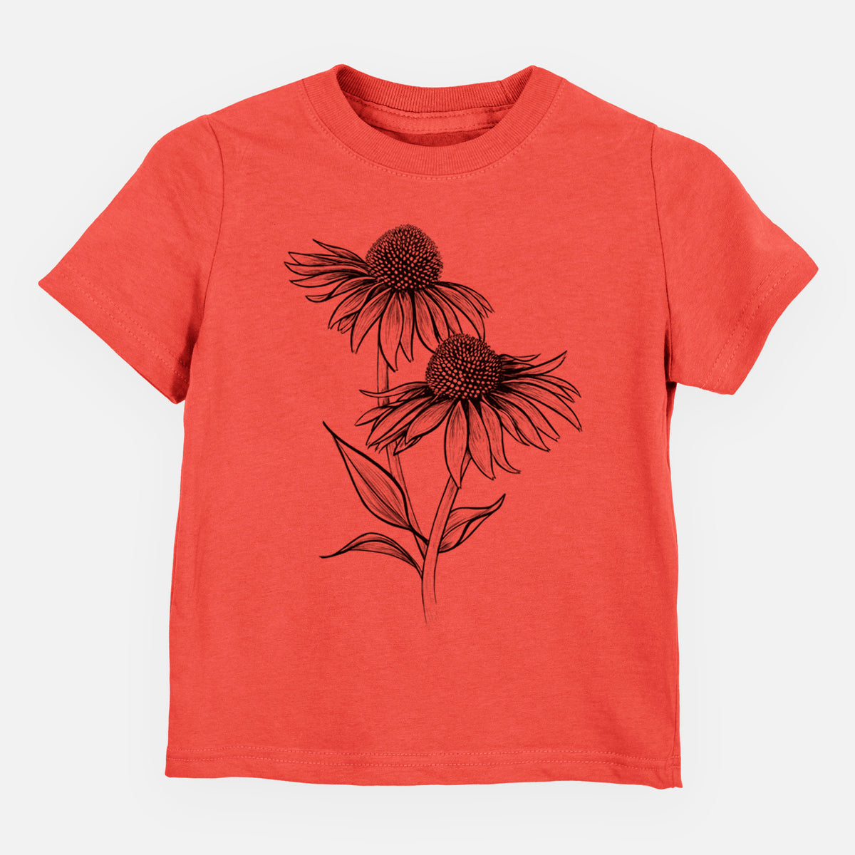 Passionfruit pink toddler t-shirt laid flat, printed with a black ink line drawing of two coneflowers on tall stems.