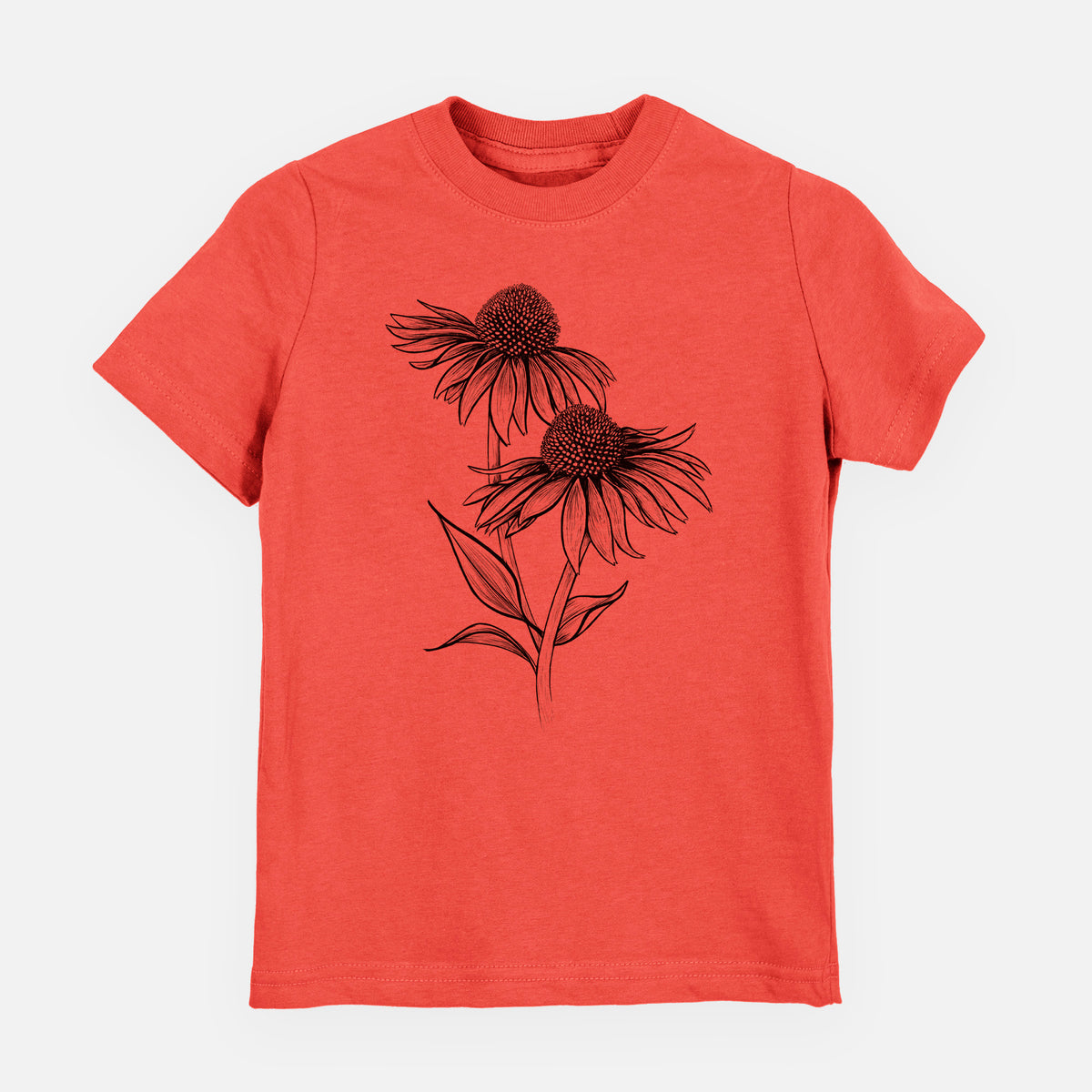Passionfruit pink youth t-shirt laid flat, printed with a black ink line drawing of two coneflowers on tall stems.