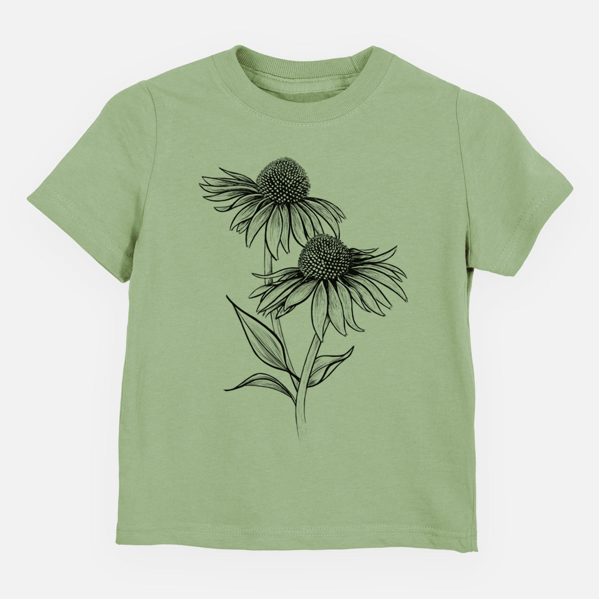 Sage green toddler t-shirt laid flat, printed with a black ink line drawing of two coneflowers on tall stems.