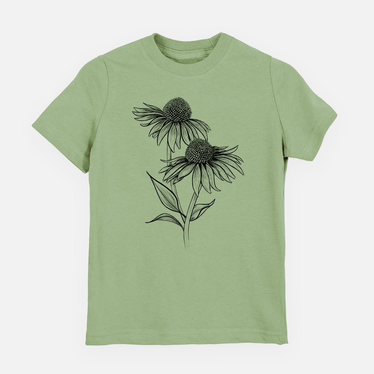 Sage green youth t-shirt laid flat, printed with a black ink line drawing of two coneflowers on tall stems.