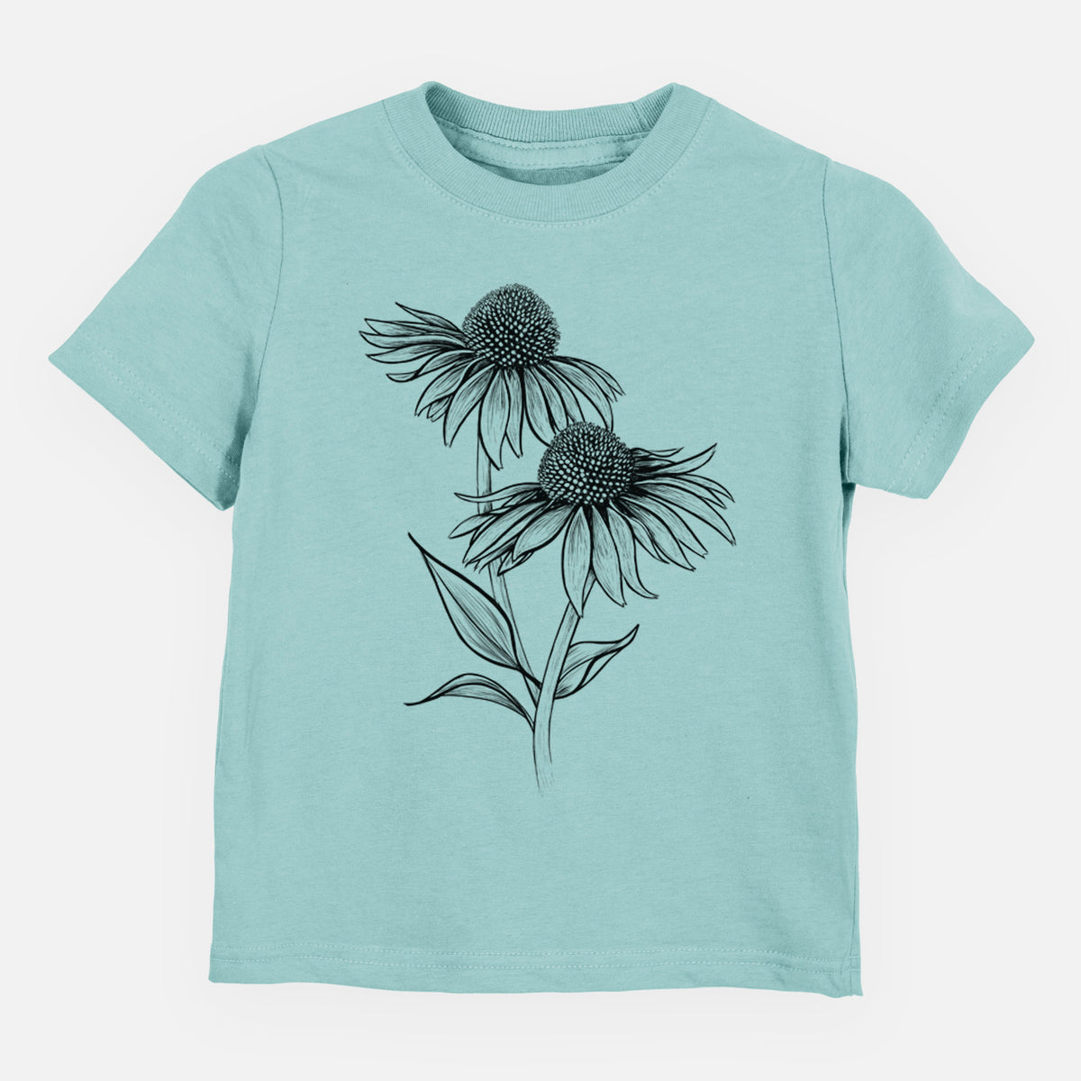 Saltwater toddler t-shirt laid flat, printed with a black ink line drawing of two coneflowers on tall stems.