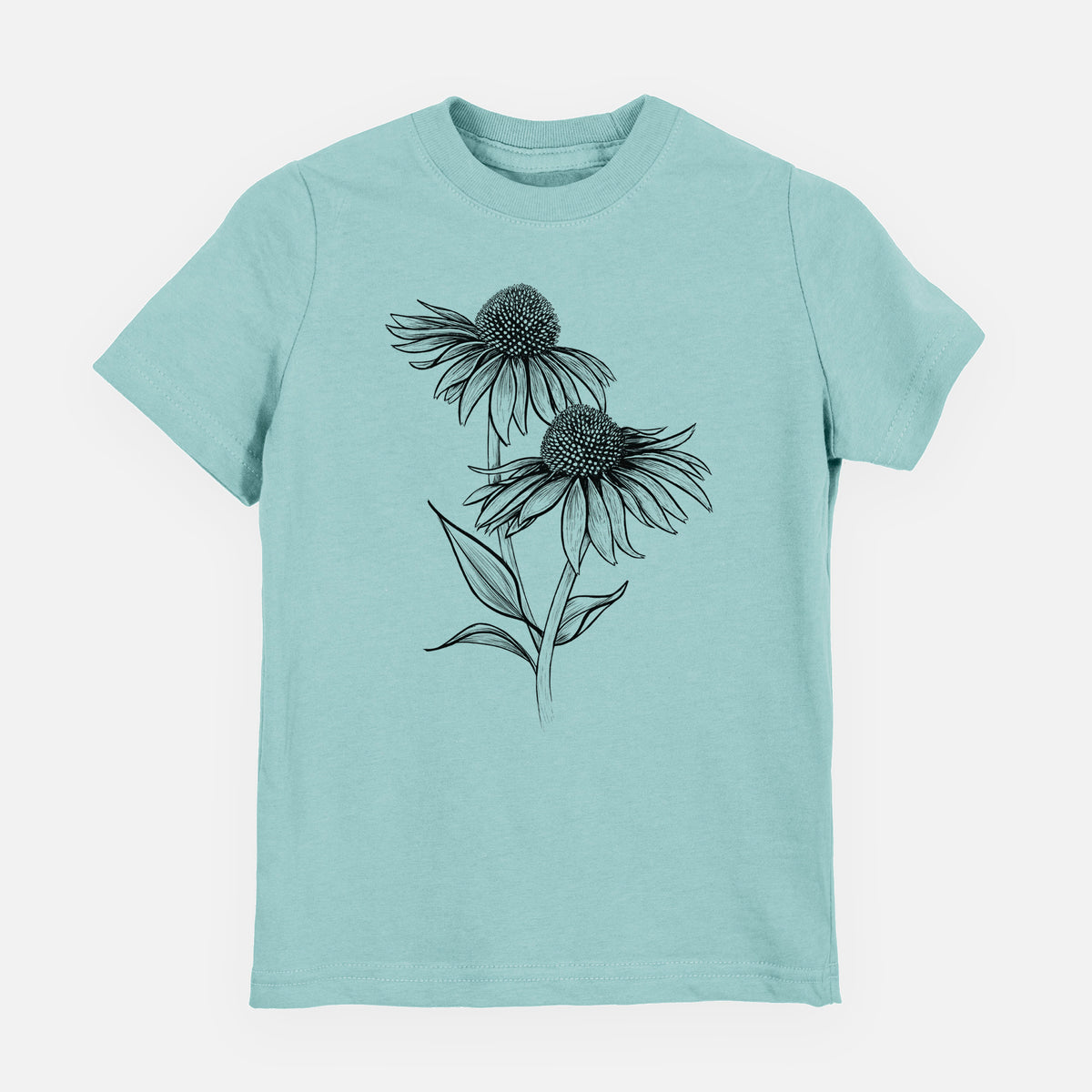 Saltwater youth t-shirt laid flat, printed with a black ink line drawing of two coneflowers on tall stems.