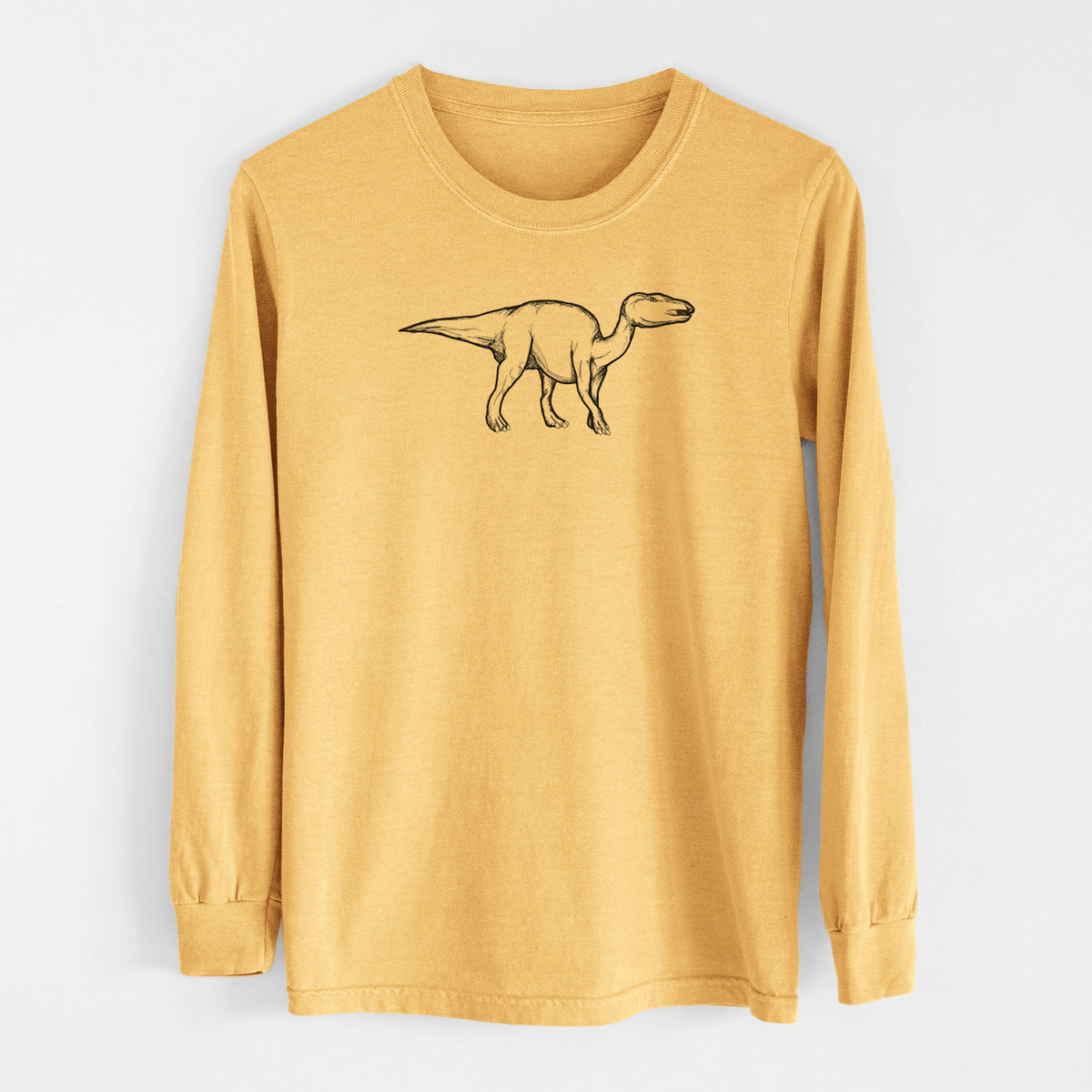 Golden wheat yellow Comfort Colors long sleeve shirt laid flat, printed with a black ink illustration of an Edmontosaurus walking.