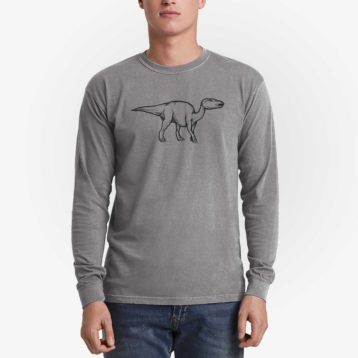 Man wearing a grey Comfort Colors long sleeve shirt printed with a black ink illustration of an Edmontosaurus walking.