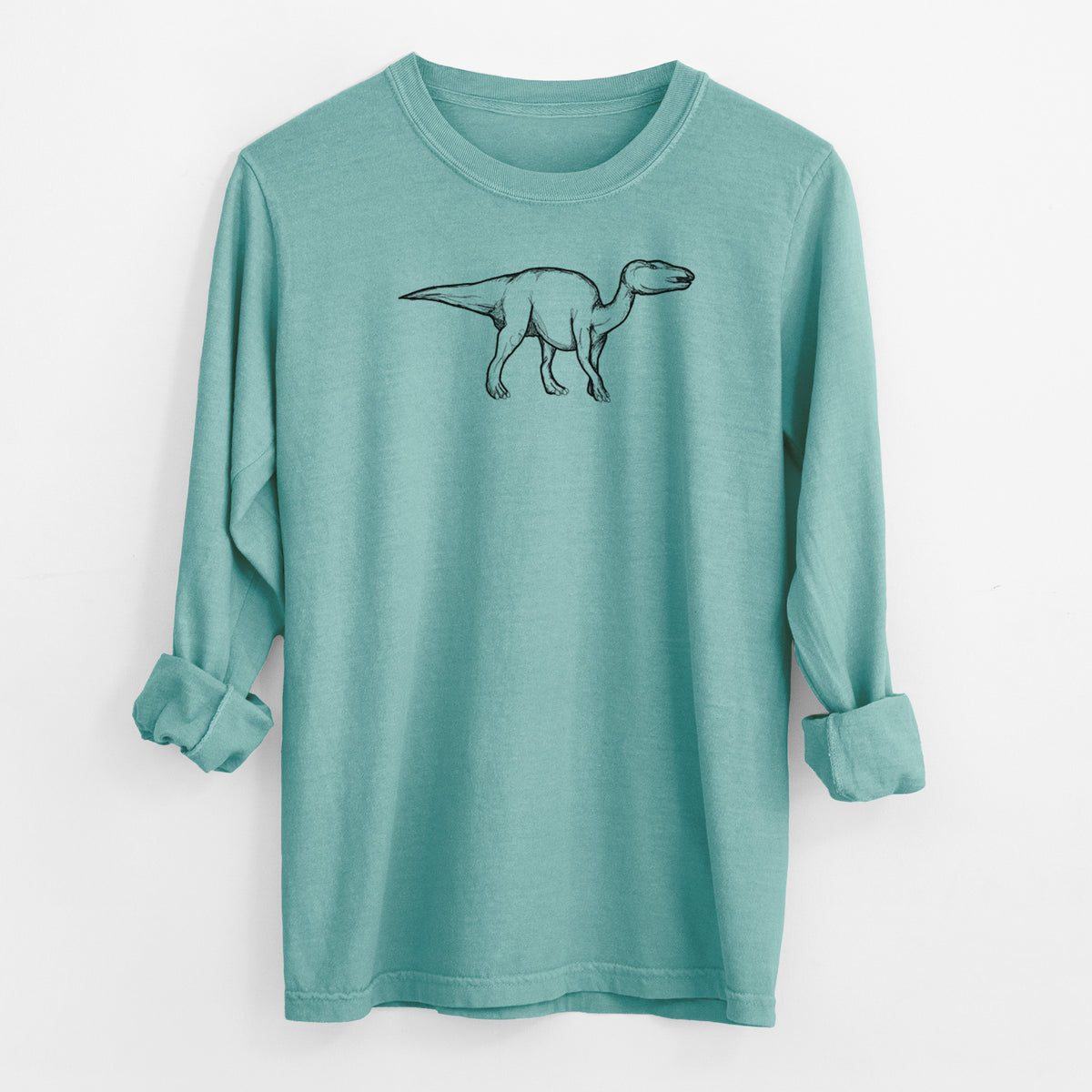 Reef green Comfort Colors long sleeve shirt laid flat with the cuffs rolled, printed with a black ink illustration of an Edmontosaurus walking.