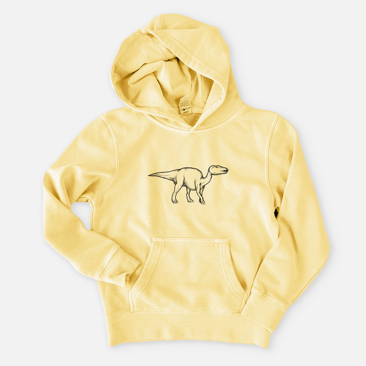Pigment yellow youth pigment dyed hoodie laid flat, printed with a black ink illustration of an Edmontosaurus walking.