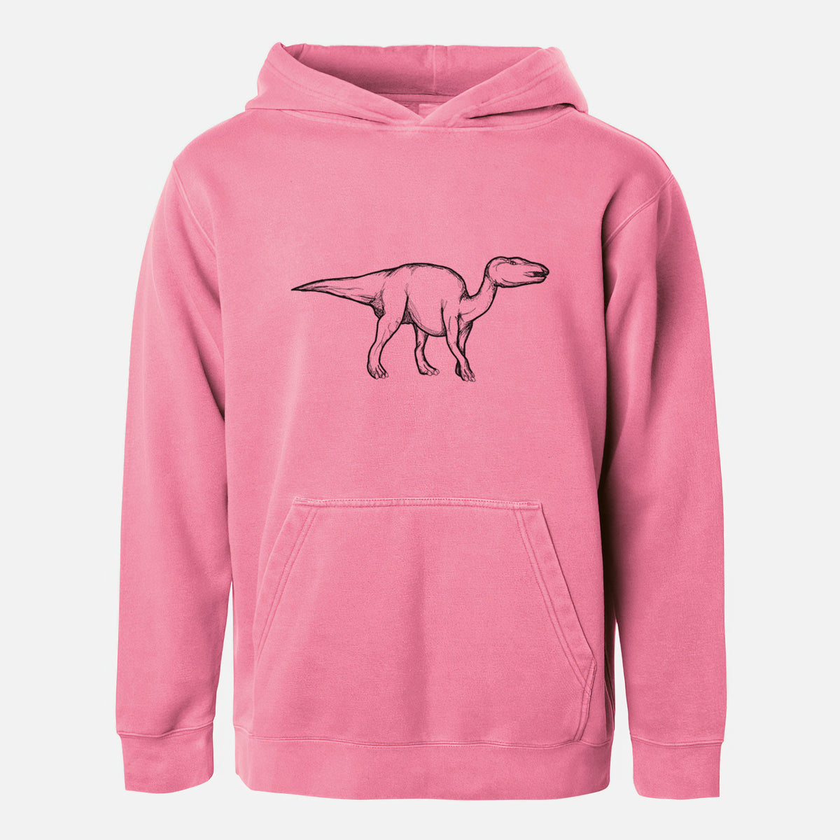 Pigment pink youth pigment dyed hoodie laid flat, printed with a black ink illustration of an Edmontosaurus walking.
