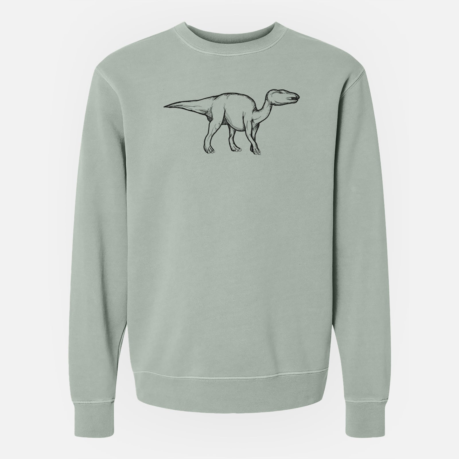 Sage green pigment dyed crewneck sweatshirt laid flat, printed with a black ink illustration of an Edmontosaurus walking.