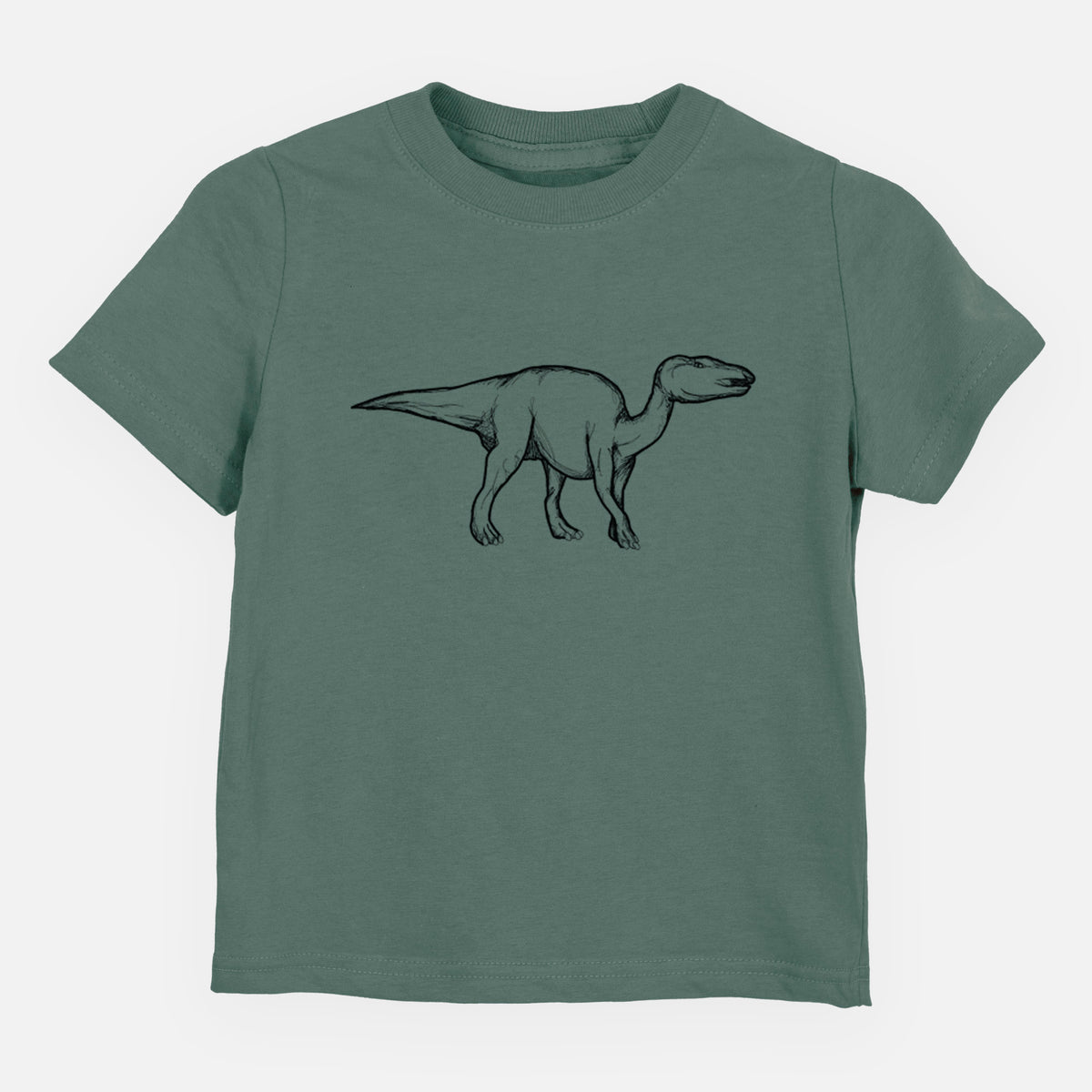 Basil green toddler t-shirt laid flat, printed with a black ink illustration of an Edmontosaurus walking.