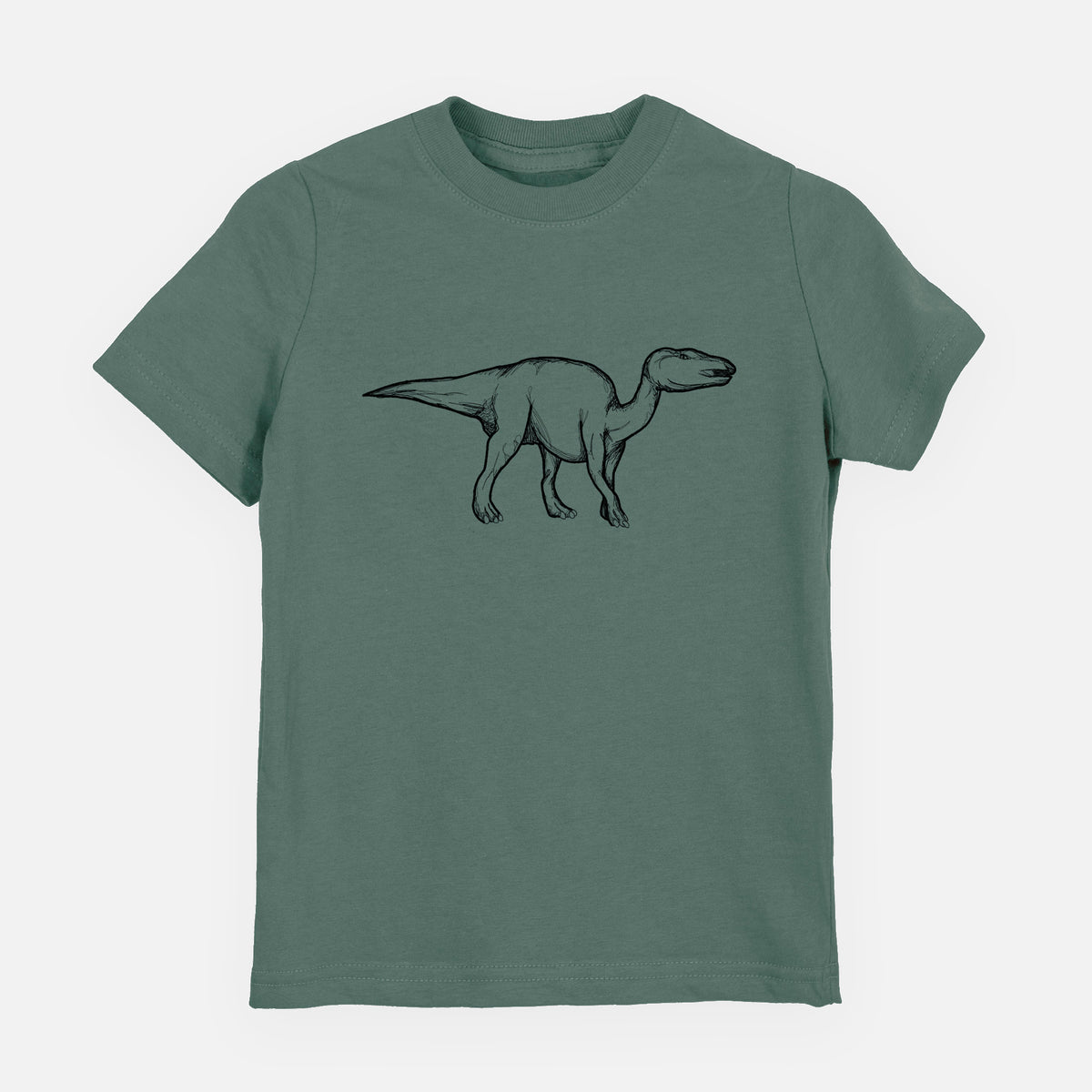 Basil green youth t-shirt laid flat, printed with a black ink illustration of an Edmontosaurus walking.