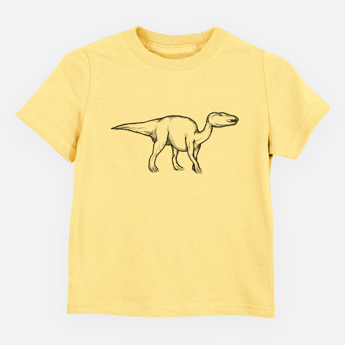 Butter yellow toddler t-shirt laid flat, printed with a black ink illustration of an Edmontosaurus walking.