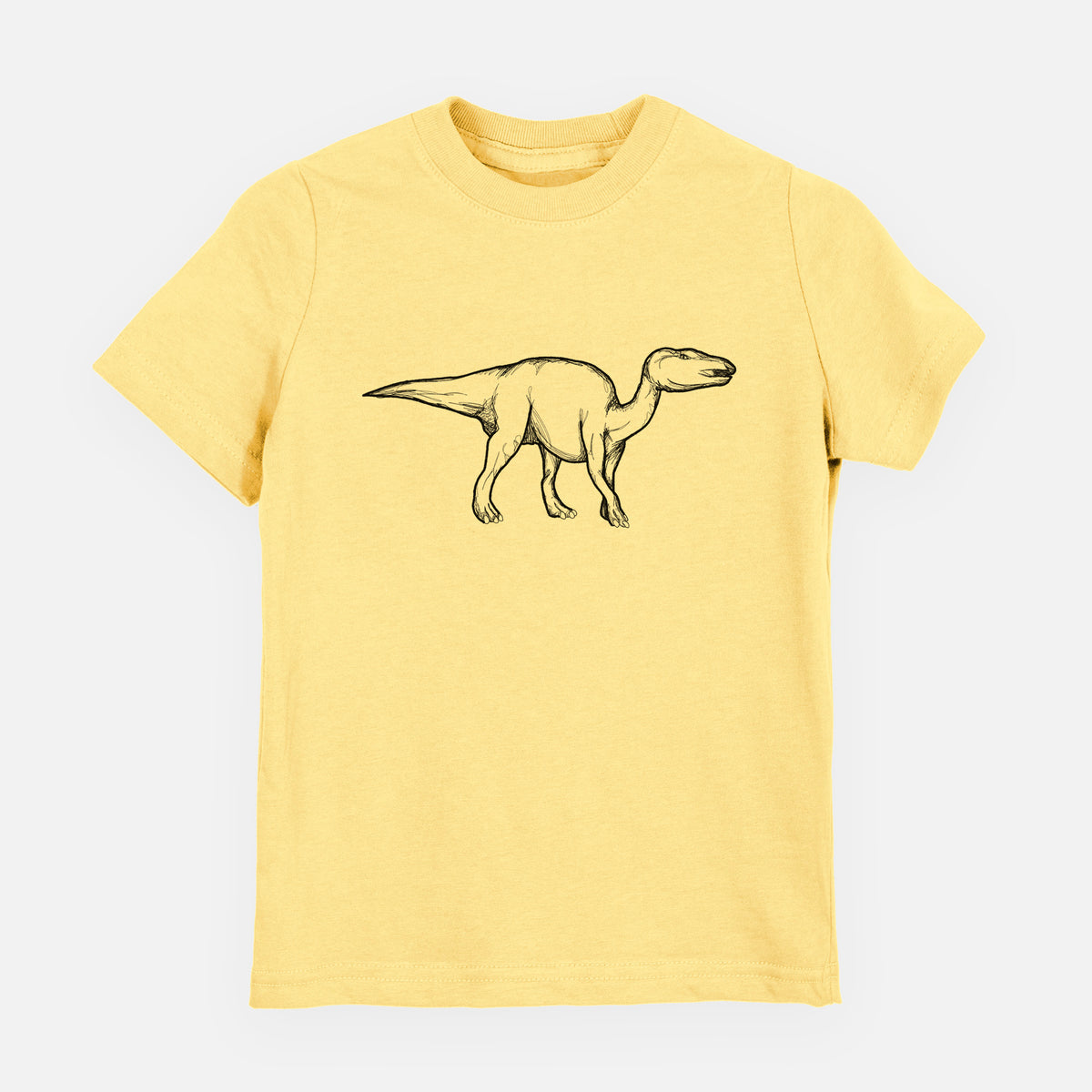 Butter yellow youth t-shirt laid flat, printed with a black ink illustration of an Edmontosaurus walking.