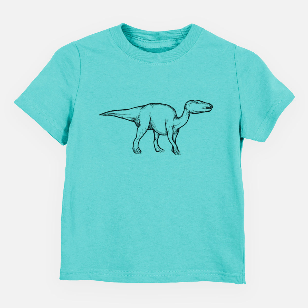 Caribbean blue toddler t-shirt laid flat, printed with a black ink illustration of an Edmontosaurus walking.