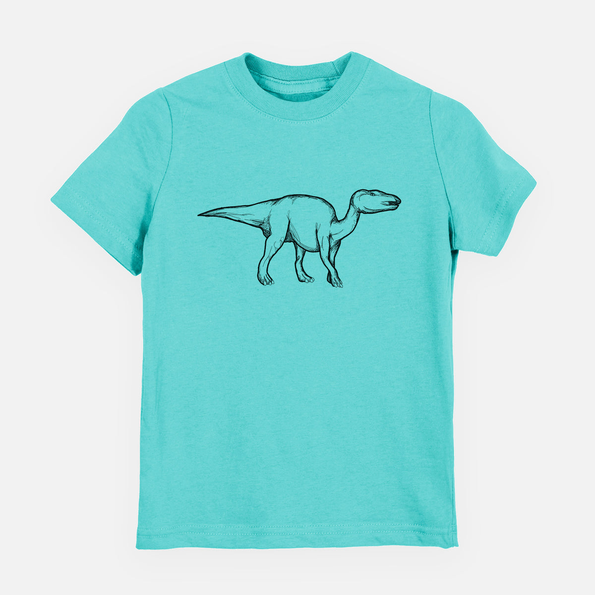 Caribbean blue youth t-shirt laid flat, printed with a black ink illustration of an Edmontosaurus walking.
