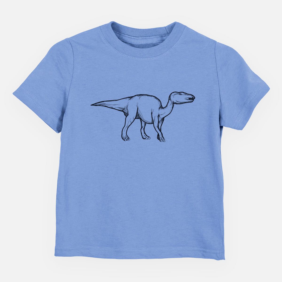 Carolina blue toddler t-shirt laid flat, printed with a black ink illustration of an Edmontosaurus walking.