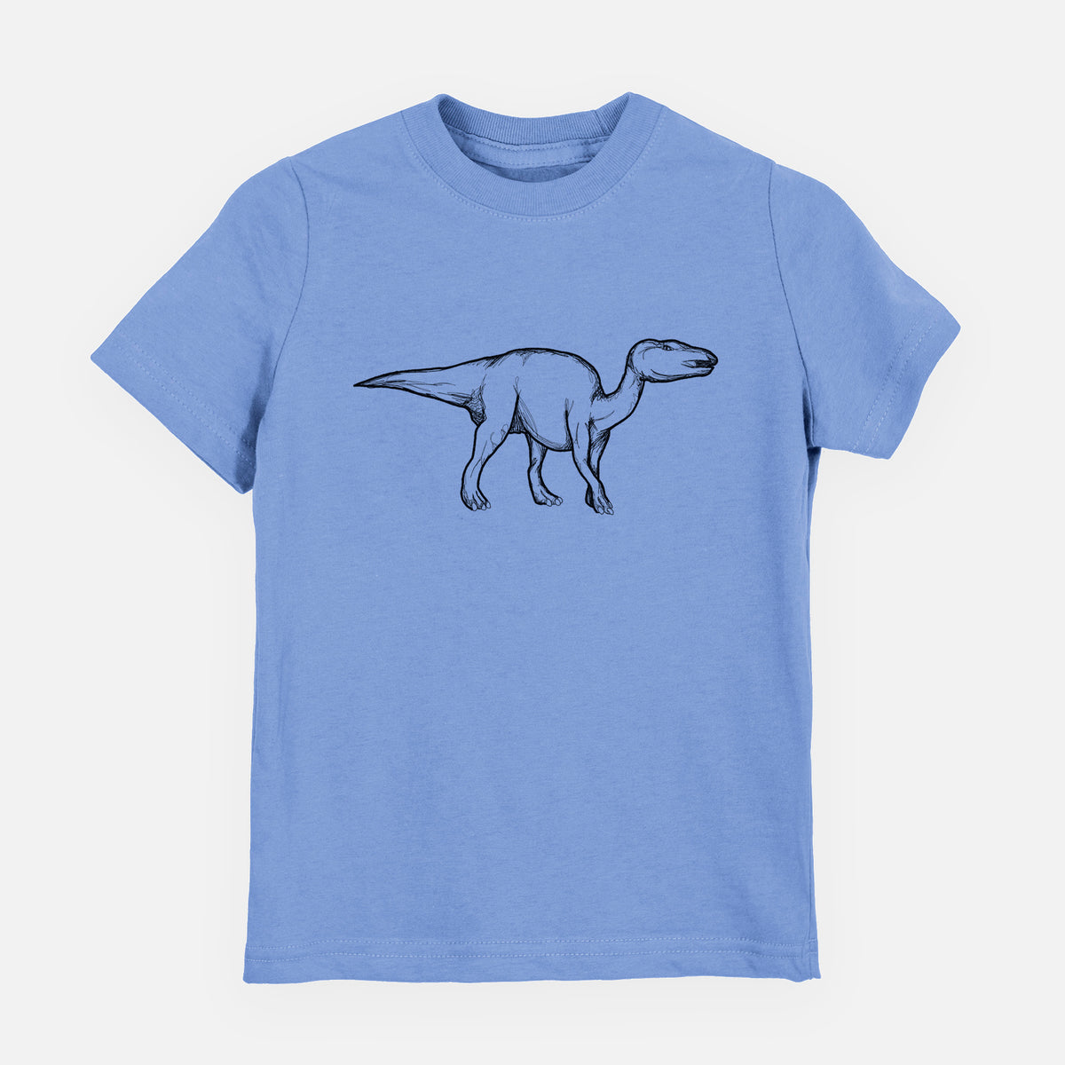 Carolina blue youth t-shirt laid flat, printed with a black ink illustration of an Edmontosaurus walking.