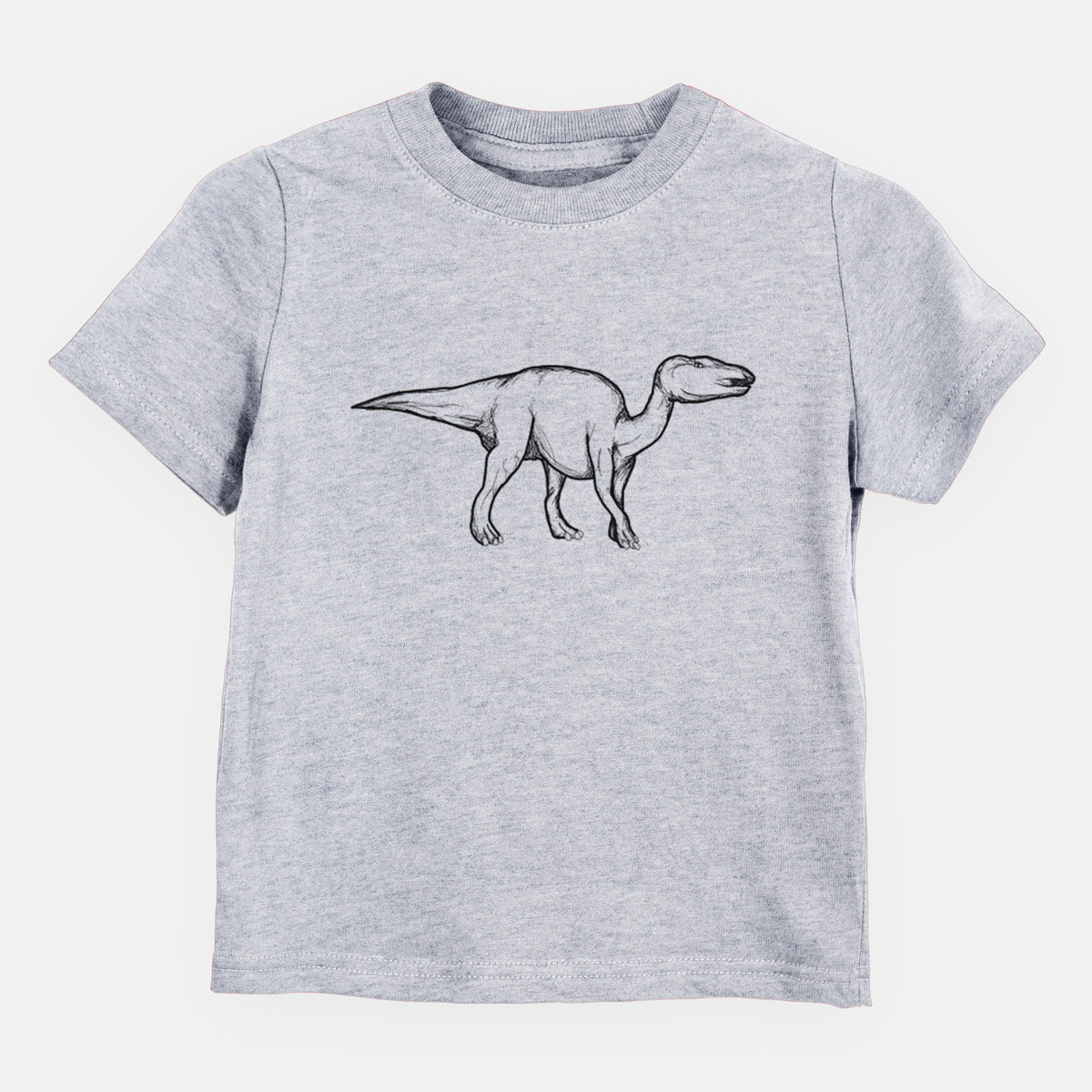 Heather grey toddler t-shirt laid flat, printed with a black ink illustration of an Edmontosaurus walking.