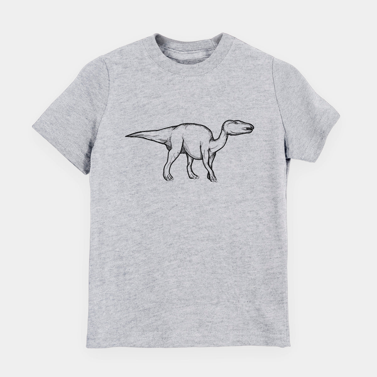 Heather grey youth t-shirt laid flat, printed with a black ink illustration of an Edmontosaurus walking.