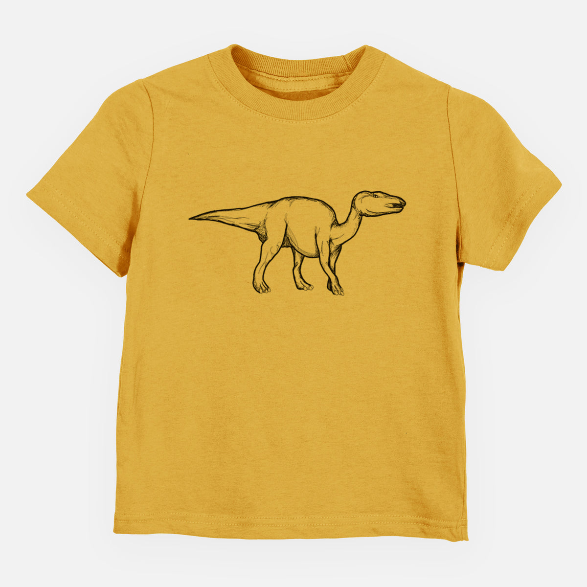 Honeycomb yellow toddler t-shirt laid flat, printed with a black ink illustration of an Edmontosaurus walking.