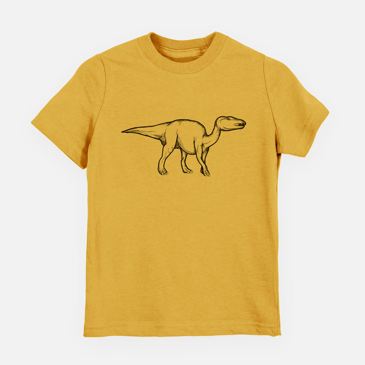 Honeycomb yellow youth t-shirt laid flat, printed with a black ink illustration of an Edmontosaurus walking.