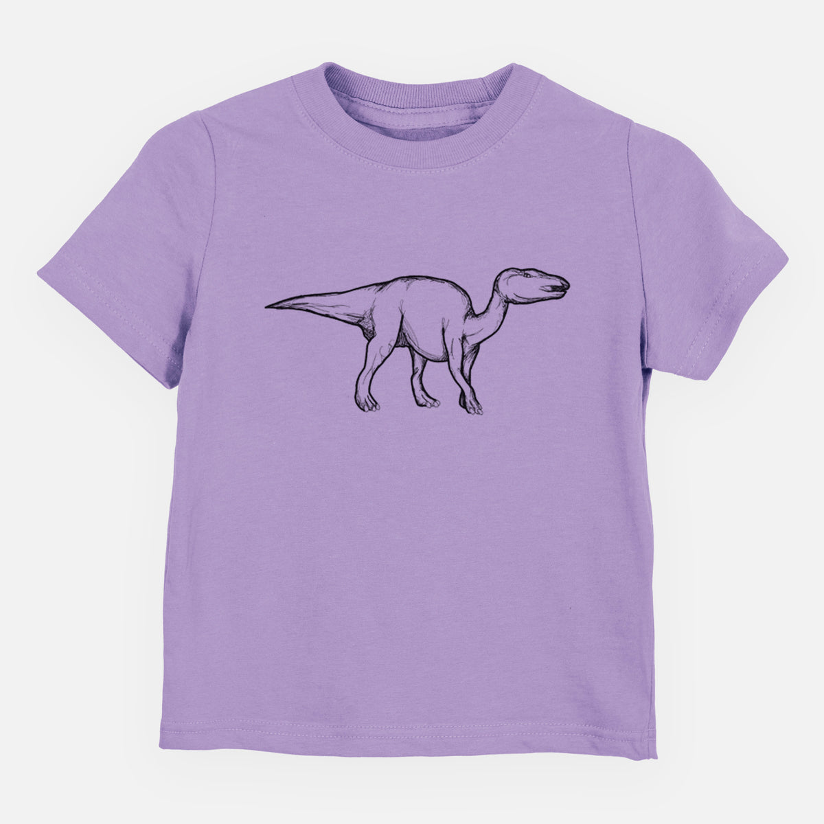 Lavender toddler t-shirt laid flat, printed with a black ink illustration of an Edmontosaurus walking.