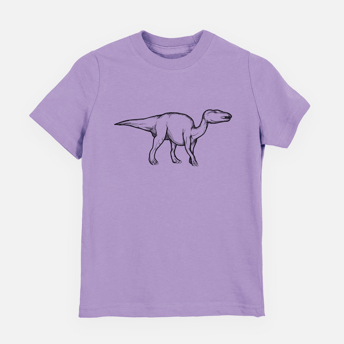 Lavender youth t-shirt laid flat, printed with a black ink illustration of an Edmontosaurus walking.