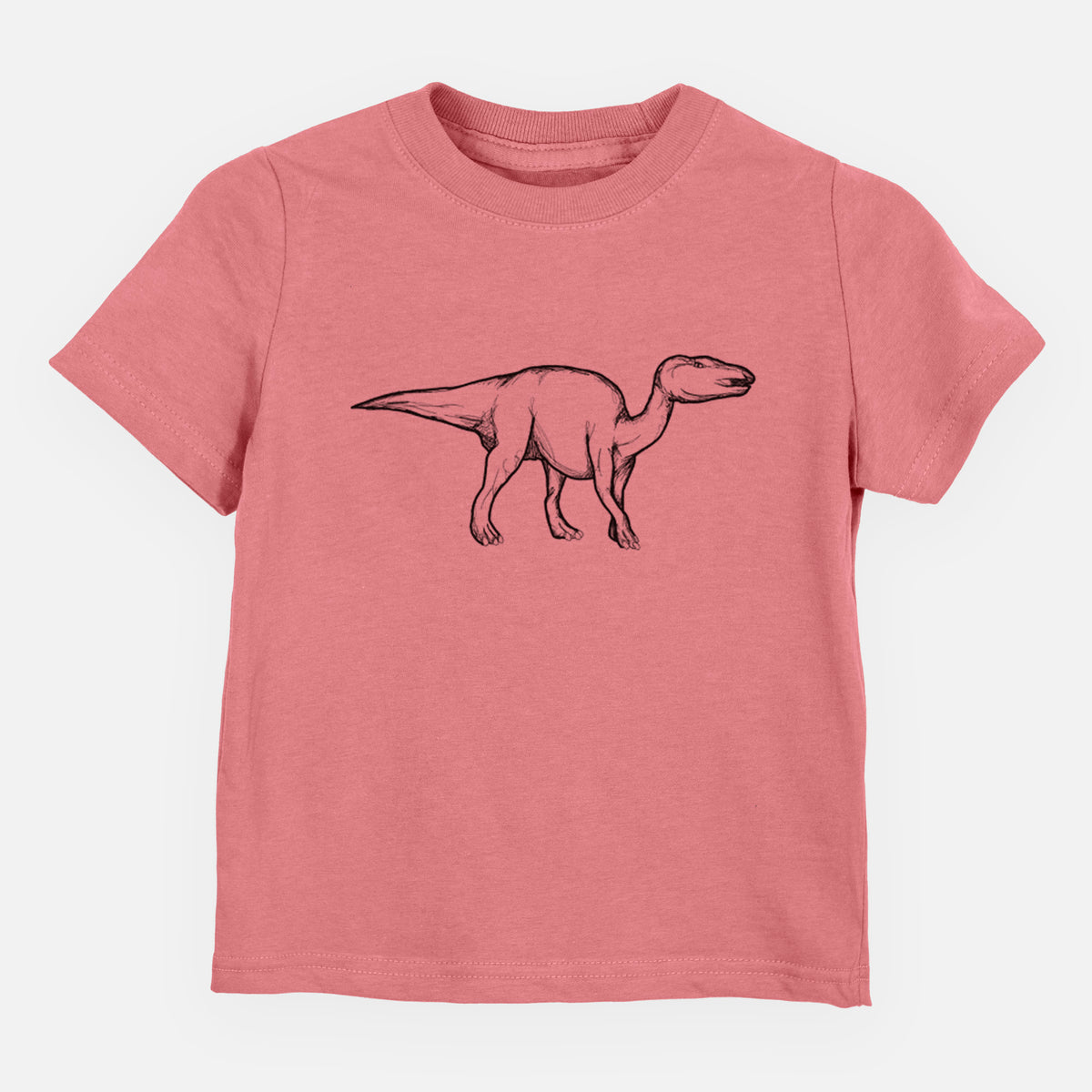 Mauve pink toddler t-shirt laid flat, printed with a black ink illustration of an Edmontosaurus walking.