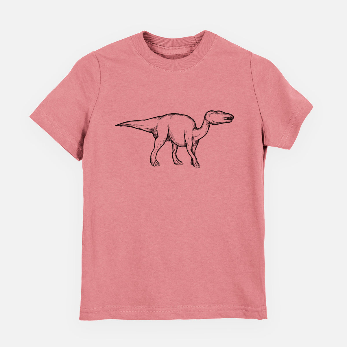 Mauve pink youth t-shirt laid flat, printed with a black ink illustration of an Edmontosaurus walking.