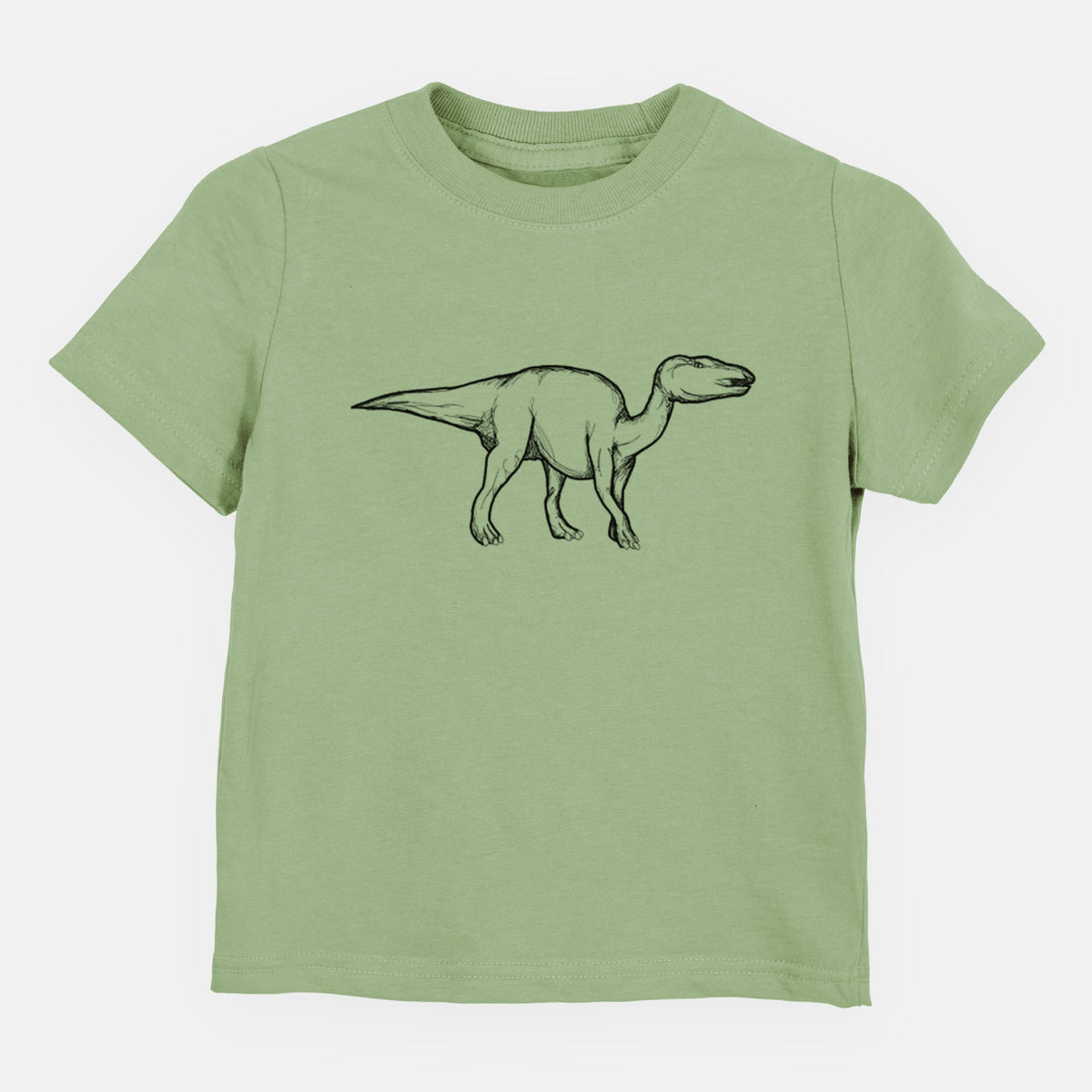 Sage green toddler t-shirt laid flat, printed with a black ink illustration of an Edmontosaurus walking.