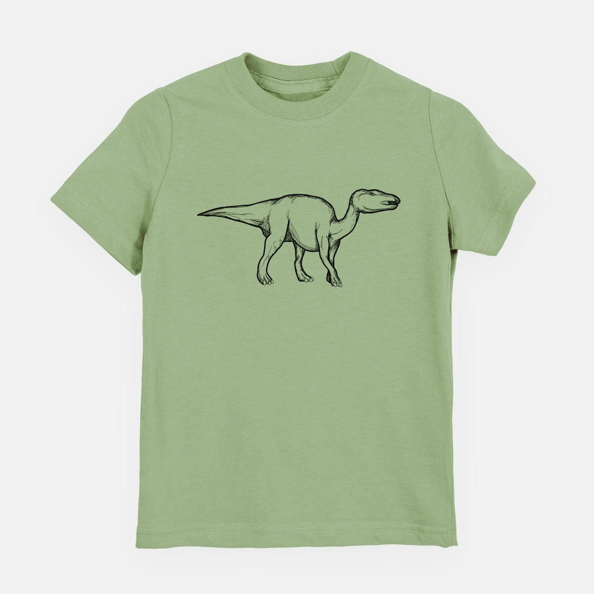 Sage green youth t-shirt laid flat, printed with a black ink illustration of an Edmontosaurus walking.