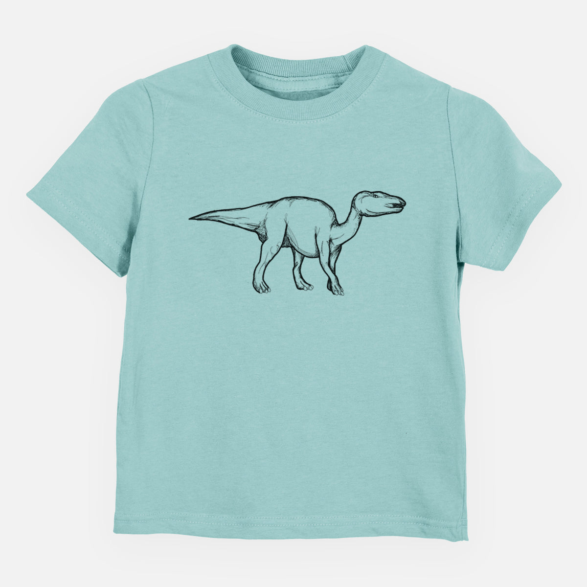 Saltwater toddler t-shirt laid flat, printed with a black ink illustration of an Edmontosaurus walking.