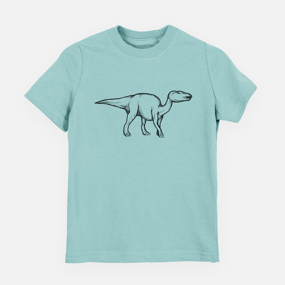 Saltwater youth t-shirt laid flat, printed with a black ink illustration of an Edmontosaurus walking.