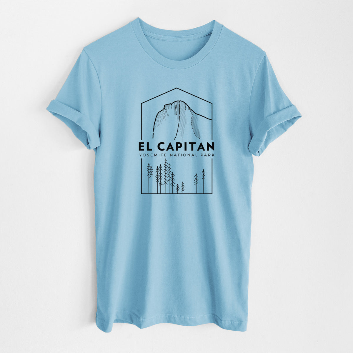 Ocean blue lightweight cotton t-shirt laid flat, printed with a black line art badge of El Capitan rising above a pine forest, with the words El Capitan, Yosemite National Park.