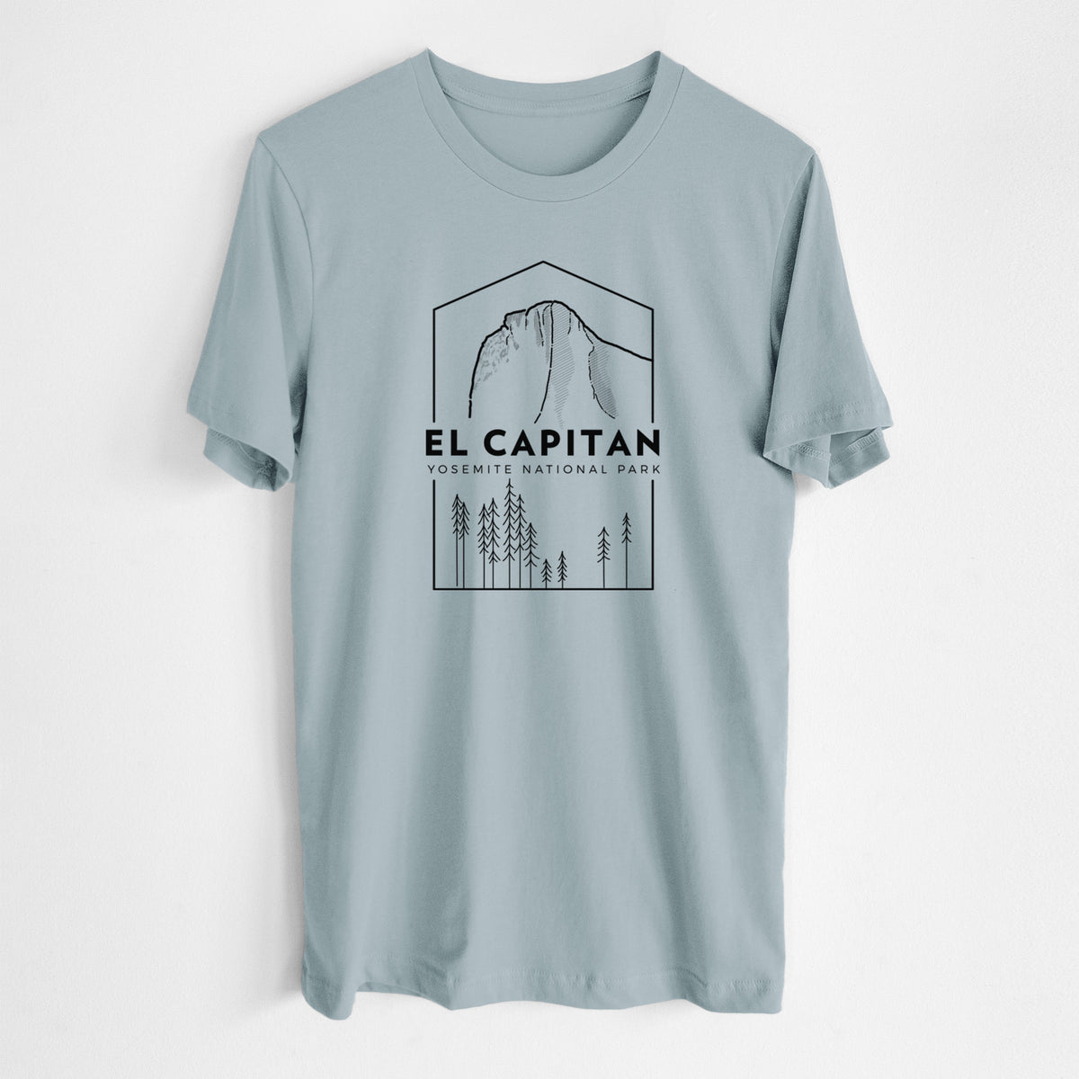 Vintage denim lightweight cotton t-shirt laid flat, printed with a black line art badge of El Capitan rising above a pine forest, with the words El Capitan, Yosemite National Park.