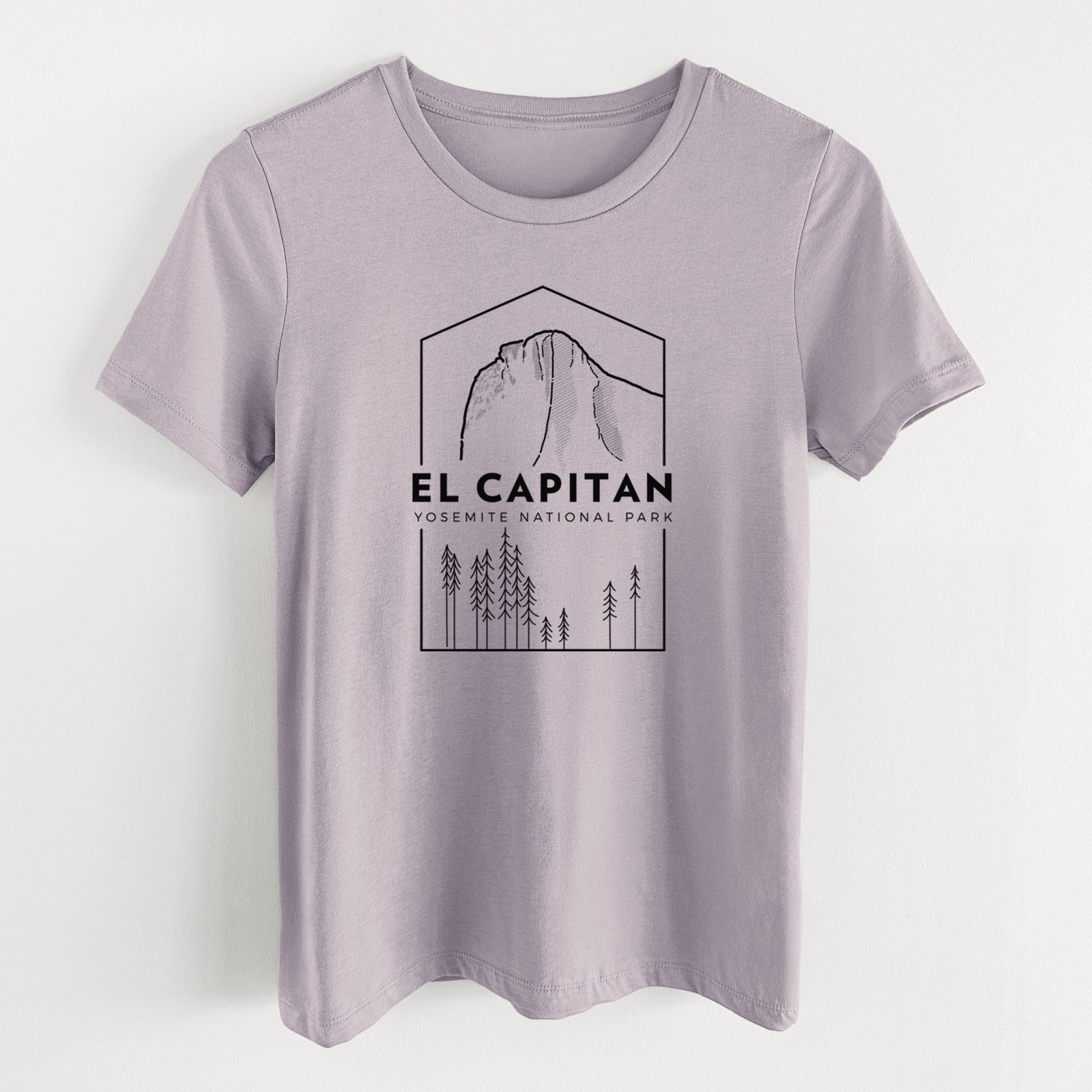 Light violet women's relaxed fit cotton t-shirt laid flat, printed with a black line art badge of El Capitan rising above a pine forest, with the words El Capitan, Yosemite National Park.
