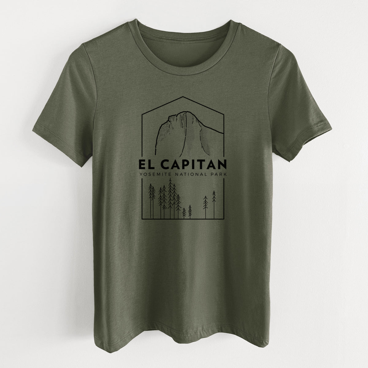 Military green women's relaxed fit cotton t-shirt laid flat, printed with a black line art badge of El Capitan rising above a pine forest, with the words El Capitan, Yosemite National Park.