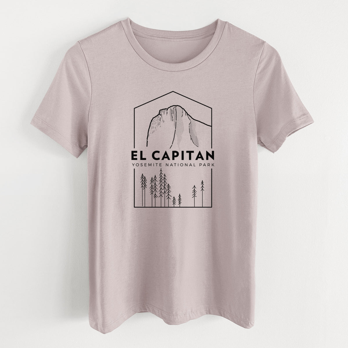 Pink gravel women's relaxed fit cotton t-shirt laid flat, printed with a black line art badge of El Capitan rising above a pine forest, with the words El Capitan, Yosemite National Park.