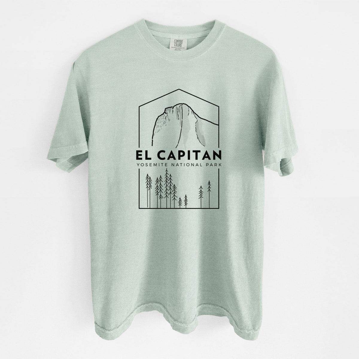 Bay green Comfort Colors t-shirt laid flat, printed with a black line art badge of El Capitan rising above a pine forest, with the words El Capitan, Yosemite National Park.