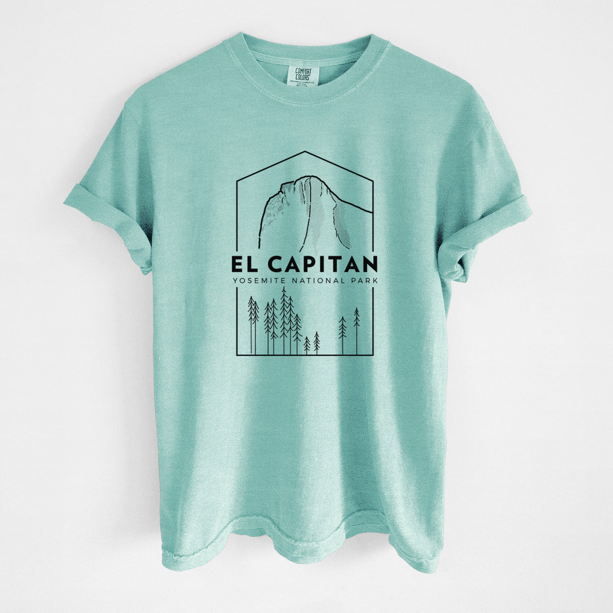 Chalky mint Comfort Colors t-shirt laid flat, printed with a black line art badge of El Capitan rising above a pine forest, with the words El Capitan, Yosemite National Park.