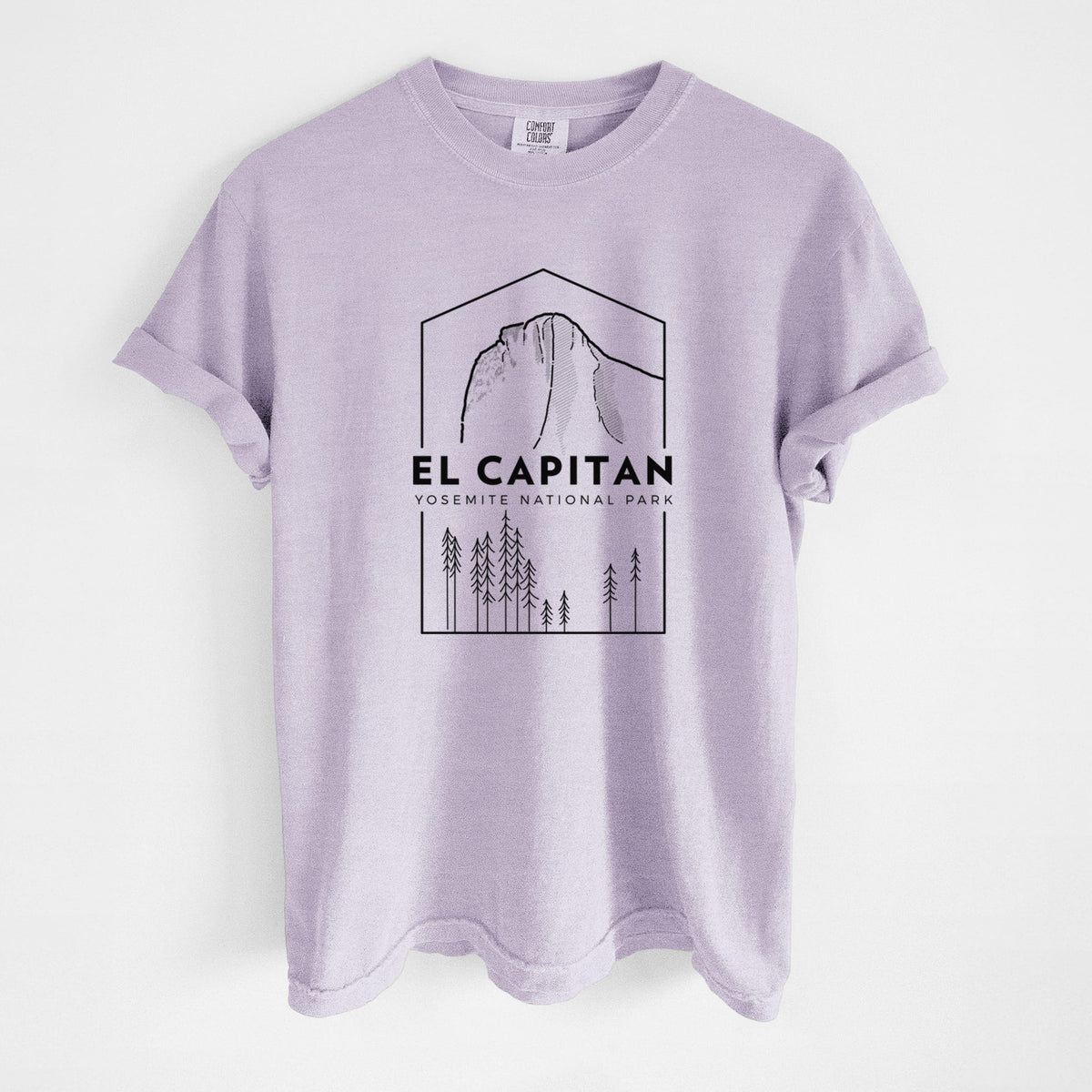 Orchid purple Comfort Colors t-shirt laid flat, printed with a black line art badge of El Capitan rising above a pine forest, with the words El Capitan, Yosemite National Park.