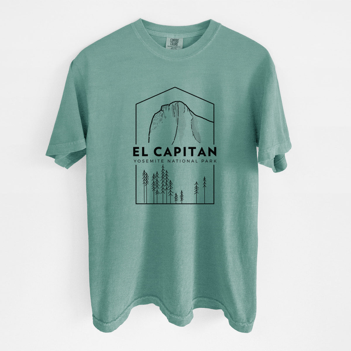 Reef green Comfort Colors t-shirt laid flat, printed with a black line art badge of El Capitan rising above a pine forest, with the words El Capitan, Yosemite National Park.
