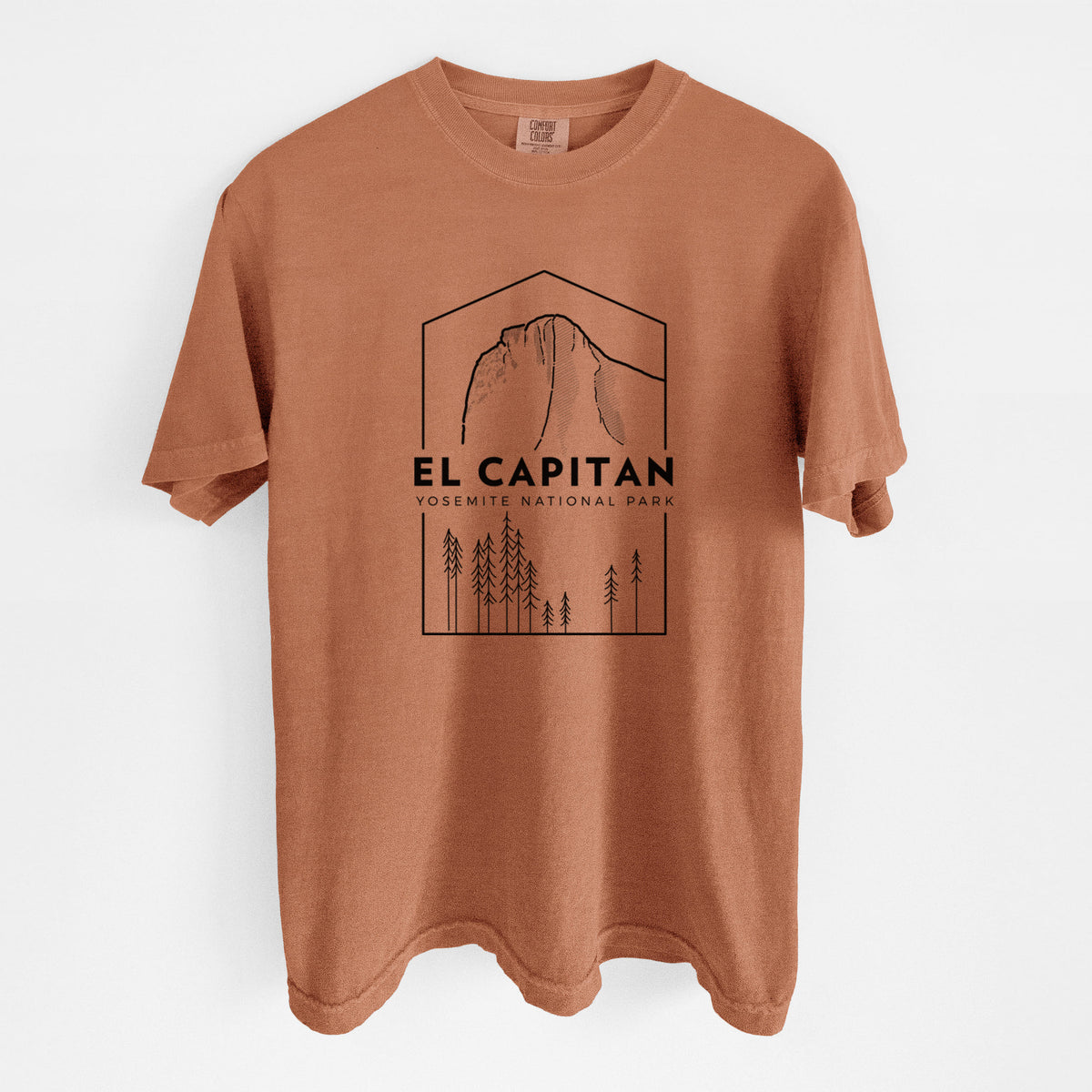 Yam burnt orange Comfort Colors t-shirt laid flat, printed with a black line art badge of El Capitan rising above a pine forest, with the words El Capitan, Yosemite National Park.