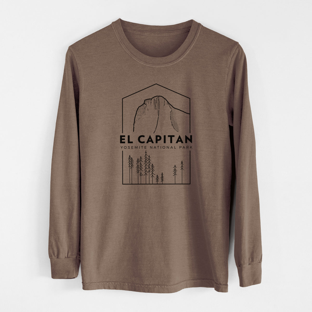 Espresso brown Comfort Colors long sleeve shirt laid flat, printed with a black line art badge of El Capitan rising above a pine forest, with the words El Capitan, Yosemite National Park.