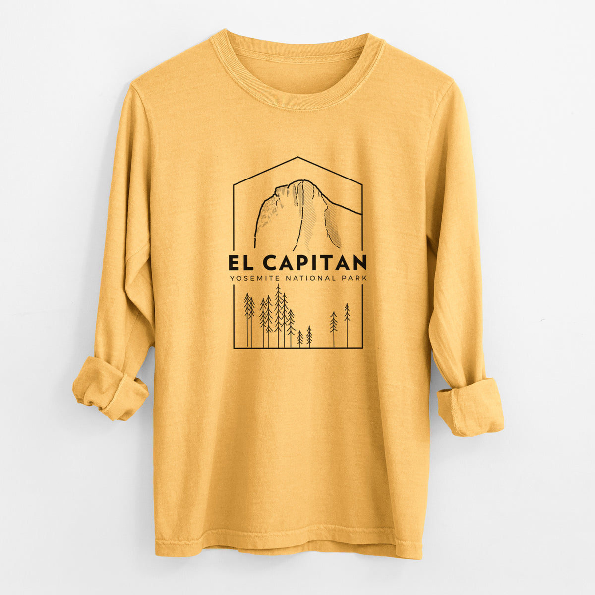 Golden wheat yellow Comfort Colors long sleeve shirt laid flat with the cuffs rolled, printed with a black line art badge of El Capitan rising above a pine forest, with the words El Capitan, Yosemite National Park.