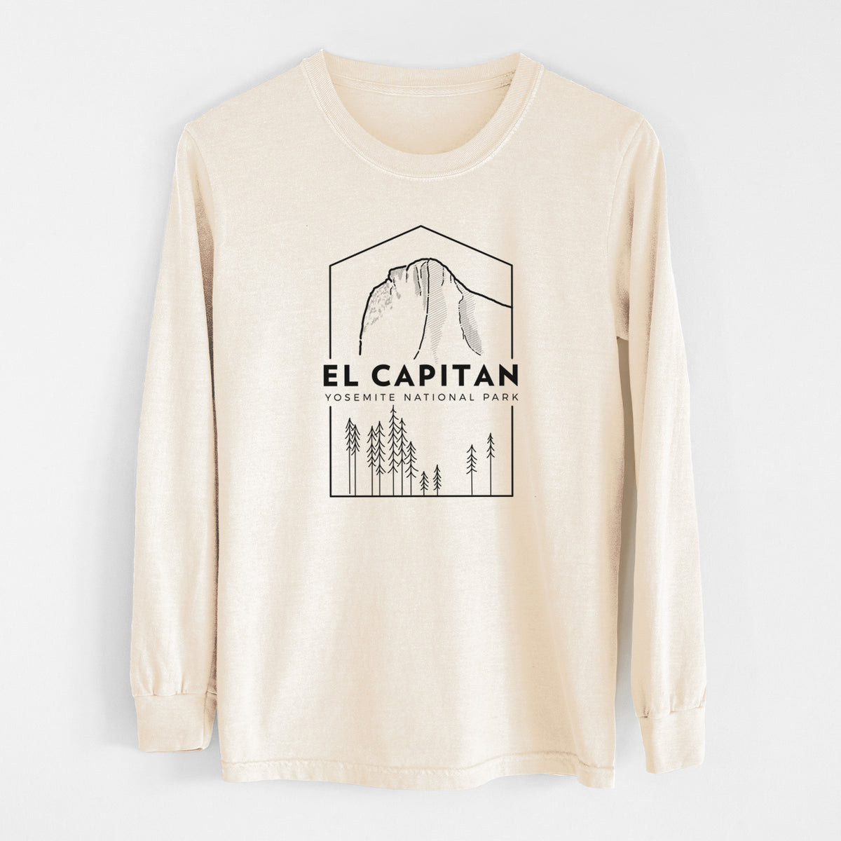 Ivory Comfort Colors long sleeve shirt laid flat, printed with a black line art badge of El Capitan rising above a pine forest, with the words El Capitan, Yosemite National Park.