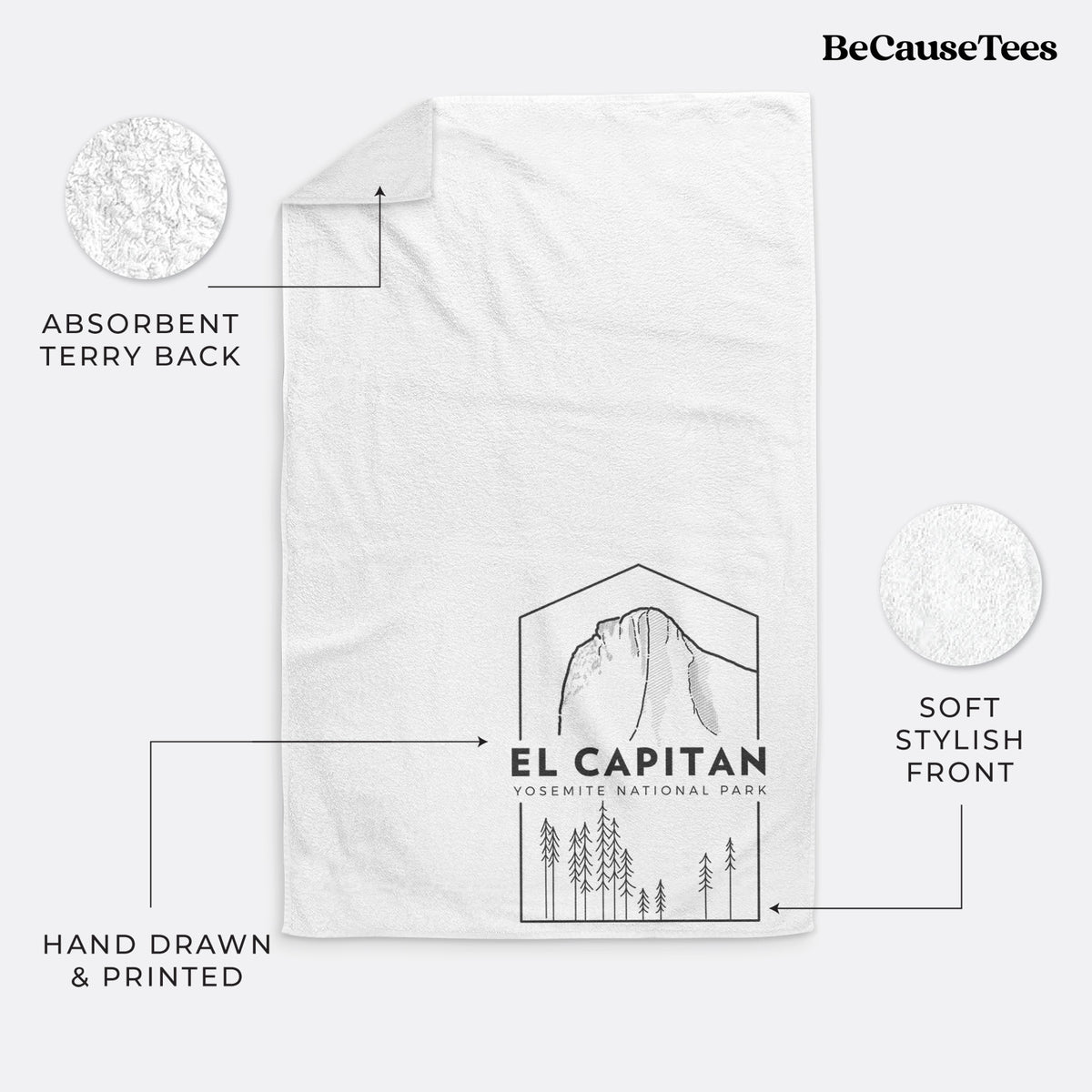 White hand towel printed with a black line art badge of El Capitan rising above a pine forest, with the words El Capitan, Yosemite National Park.